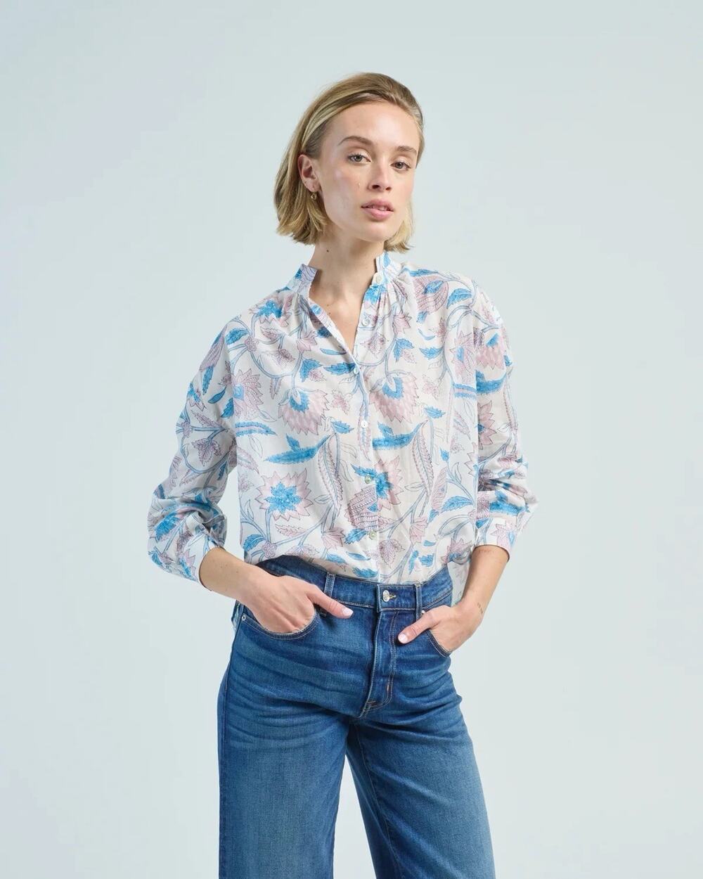Alix Of Bohemia KIKI VALENTINE Blouse White Pink Blue Boho Print Shirt Top S